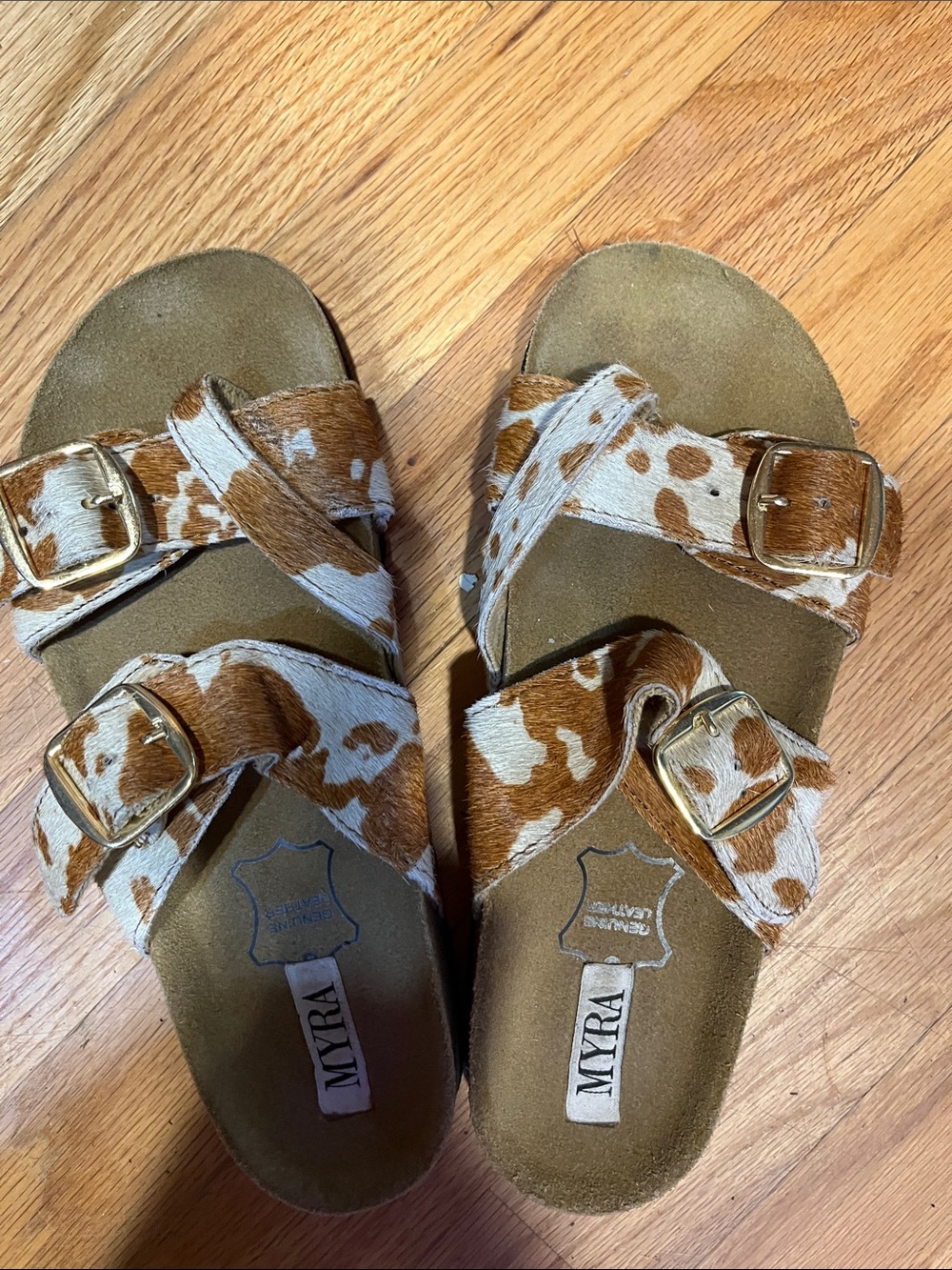 Myra Bag Brown and White Cowhide Double Buckle Sandals
